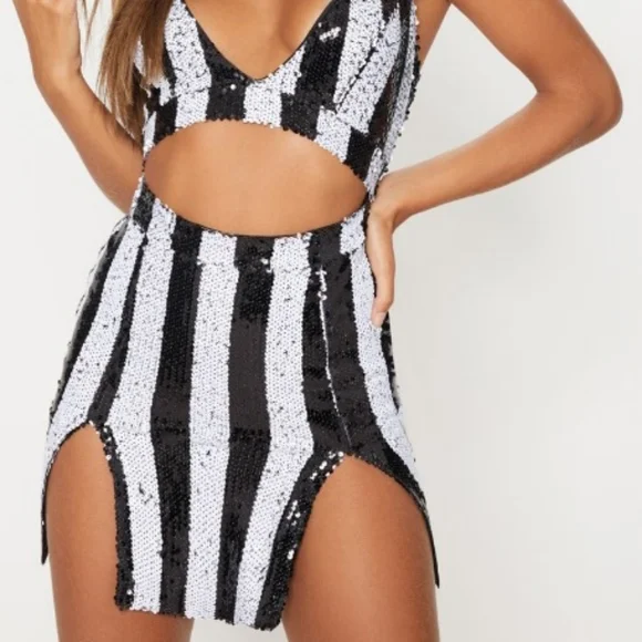 Boohoo Dresses Worn Once Stripe Sequin Strappy Plunge Extreme